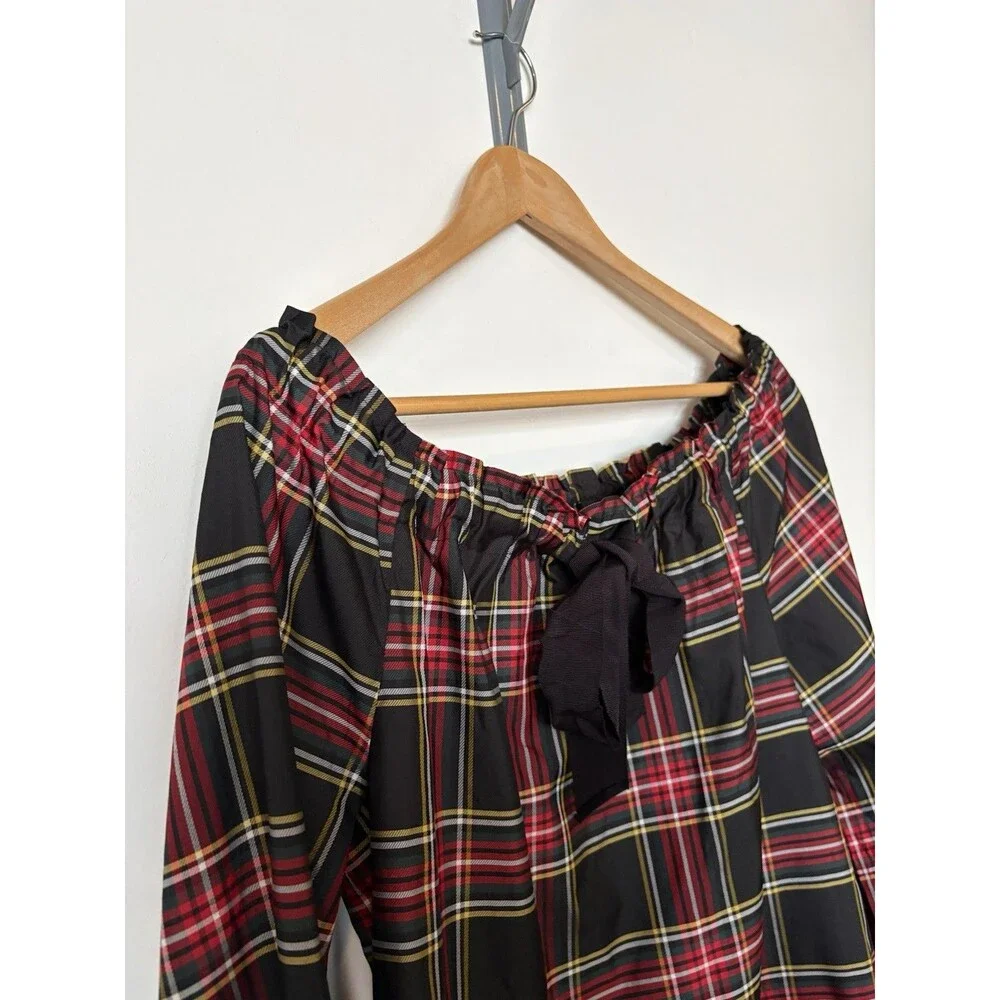 J Crew Black Red Holiday Plaid Off Shoulder Bow Detail Blouse Size Small